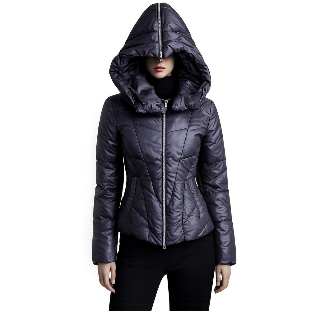 JNBY Sculpted Hooded Puffer Coat in Dark Blue Size M